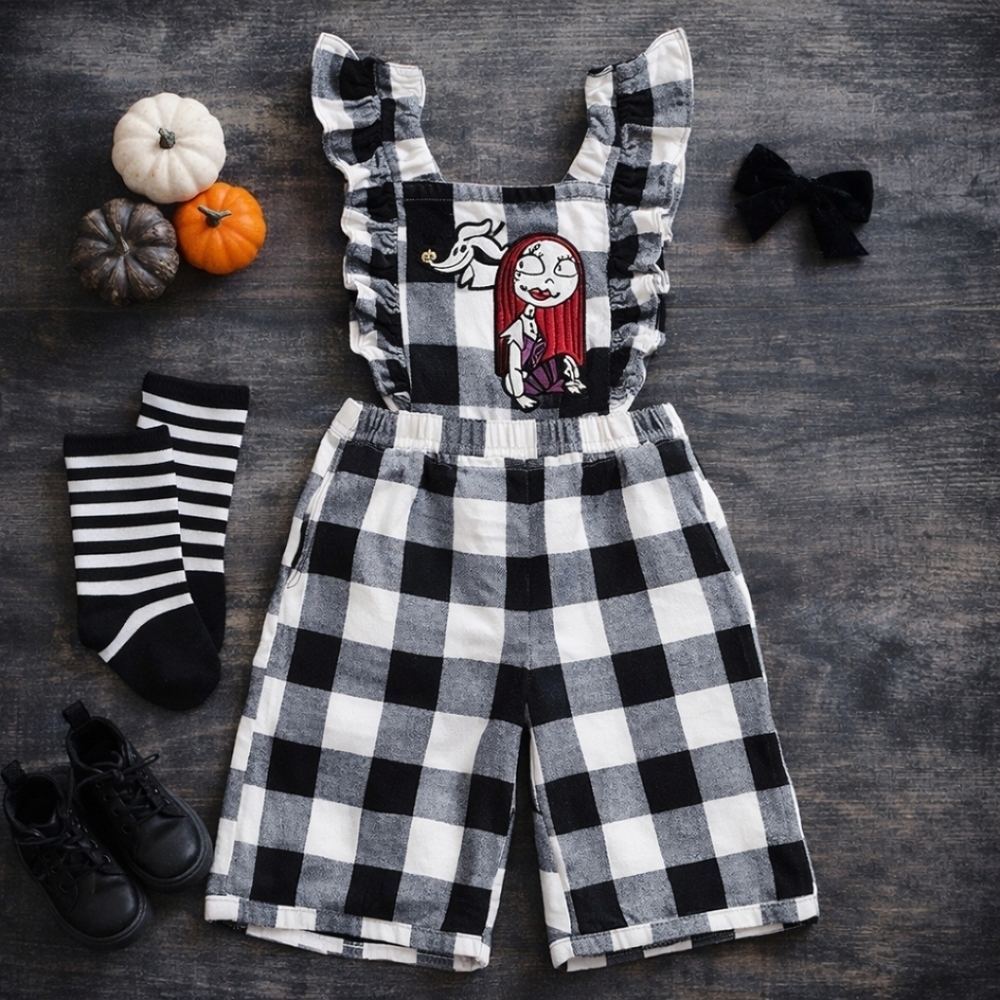 Disney Nightmare Before Christmas Sally & Zero Buffalo Plaid Ruffle Overalls 4T